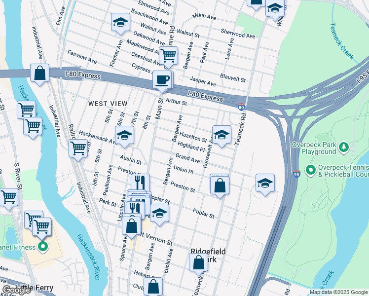 map of restaurants, bars, coffee shops, grocery stores, and more near 69 Grand Avenue in Ridgefield Park