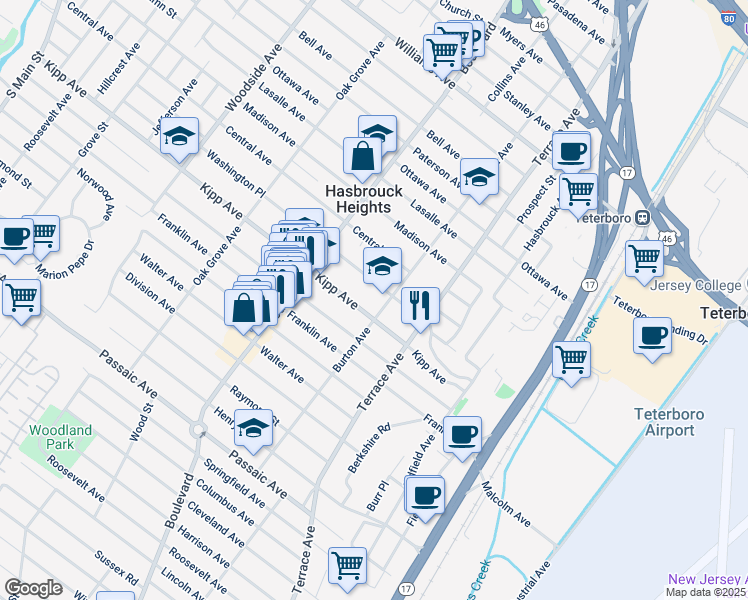 map of restaurants, bars, coffee shops, grocery stores, and more near 145 Burton Avenue in Hasbrouck Heights