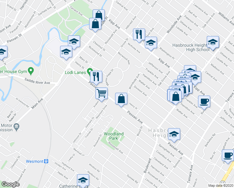 map of restaurants, bars, coffee shops, grocery stores, and more near 34 Woodside Avenue in Hasbrouck Heights