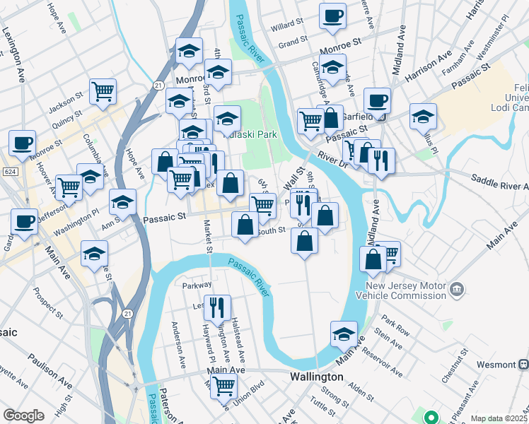 map of restaurants, bars, coffee shops, grocery stores, and more near 80 South Street in Passaic