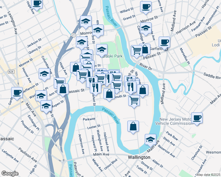 map of restaurants, bars, coffee shops, grocery stores, and more near 17 5th Street in Passaic