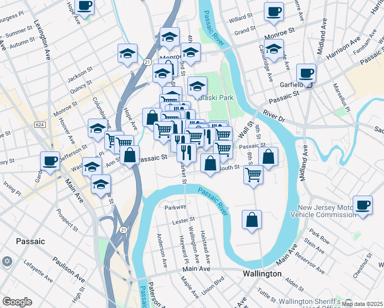 map of restaurants, bars, coffee shops, grocery stores, and more near 14 3rd Street in Passaic