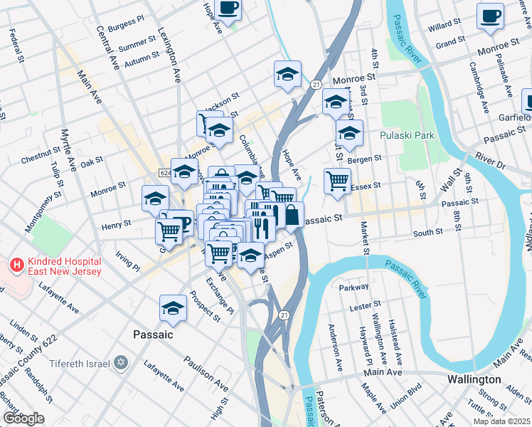 map of restaurants, bars, coffee shops, grocery stores, and more near 56 Ann Street in Passaic