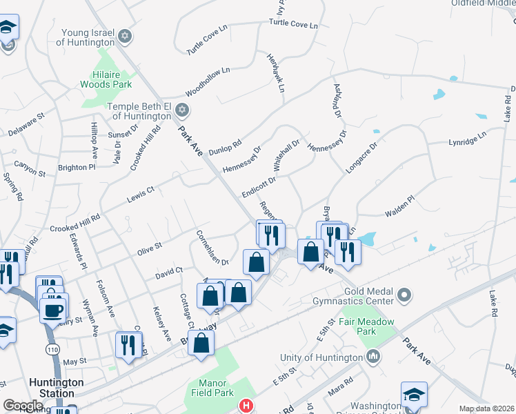 map of restaurants, bars, coffee shops, grocery stores, and more near 18 Regent Place in Huntington