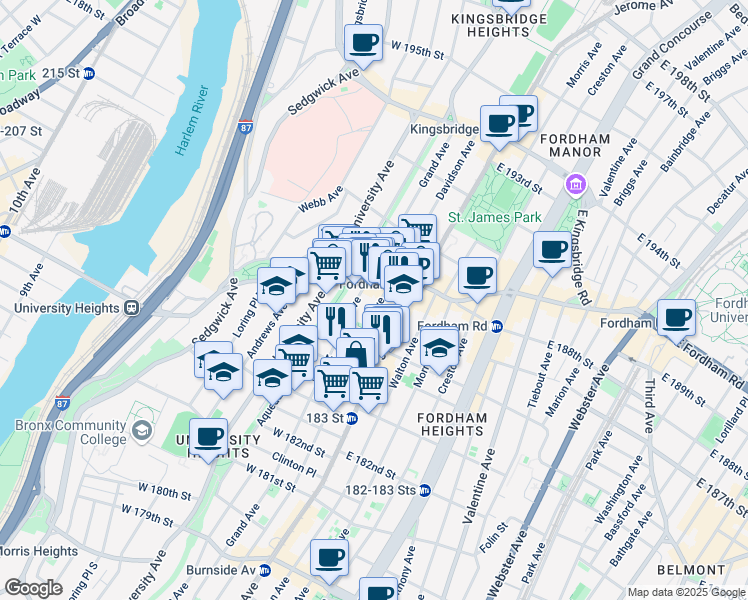 map of restaurants, bars, coffee shops, grocery stores, and more near 2391 Davidson Avenue in Bronx