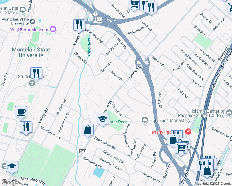 map of restaurants, bars, coffee shops, grocery stores, and more near 650 Grove Street in Clifton
