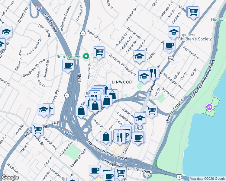 map of restaurants, bars, coffee shops, grocery stores, and more near 166 Linwood Drive in Fort Lee