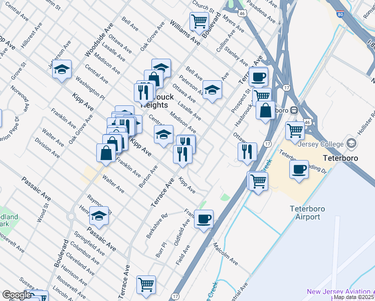 map of restaurants, bars, coffee shops, grocery stores, and more near 12 Michigan Avenue in Hasbrouck Heights