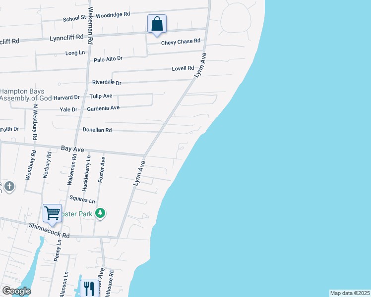 map of restaurants, bars, coffee shops, grocery stores, and more near 185 Bay Avenue in Hampton Bays
