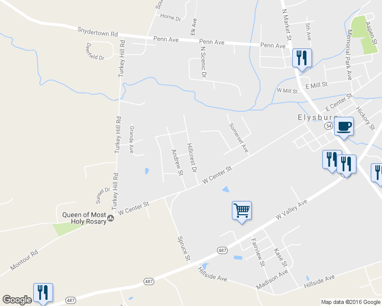 map of restaurants, bars, coffee shops, grocery stores, and more near 5 Hillcrest Drive in Elysburg