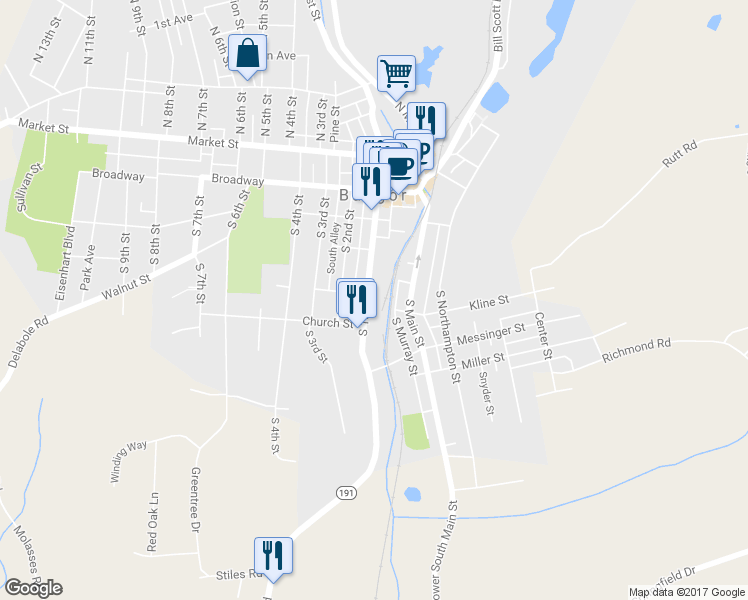 map of restaurants, bars, coffee shops, grocery stores, and more near 407 South 1st Street in Bangor
