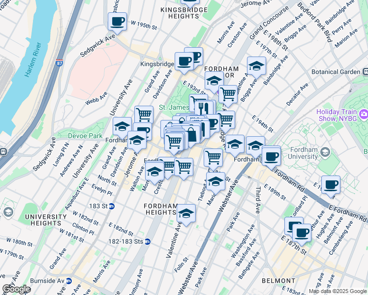 map of restaurants, bars, coffee shops, grocery stores, and more near 152 East Fordham Road in The Bronx