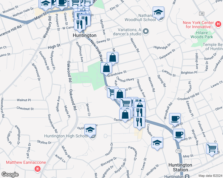 map of restaurants, bars, coffee shops, grocery stores, and more near 630 New York Avenue in Huntington