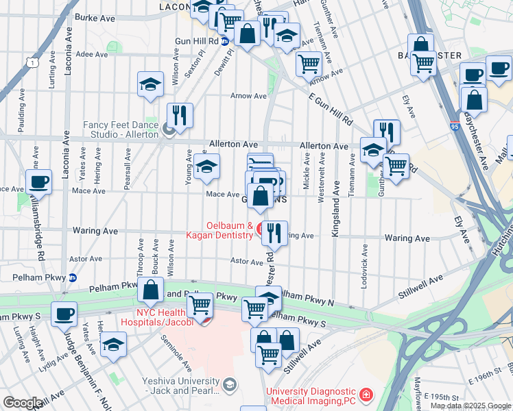 map of restaurants, bars, coffee shops, grocery stores, and more near in The Bronx