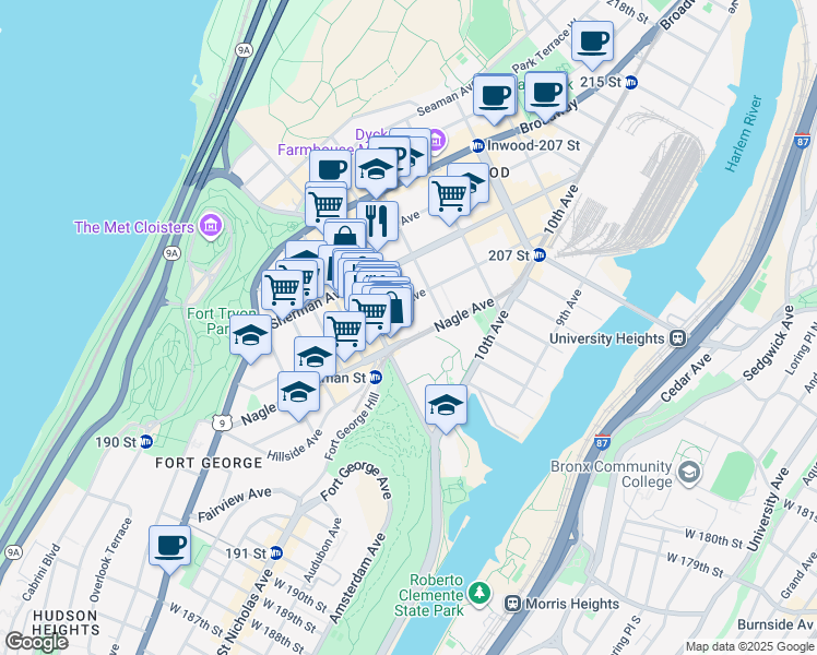 map of restaurants, bars, coffee shops, grocery stores, and more near 184 Nagle Avenue in New York