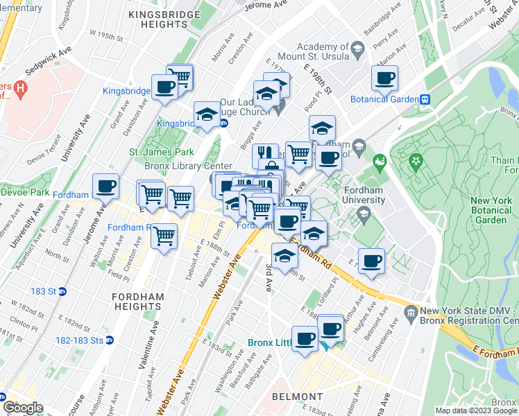 map of restaurants, bars, coffee shops, grocery stores, and more near 2537 Decatur Avenue in Bronx