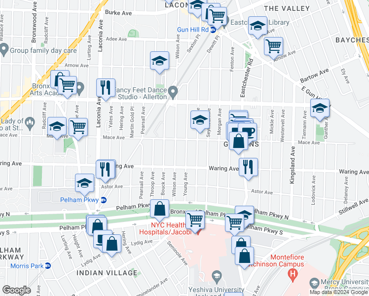 map of restaurants, bars, coffee shops, grocery stores, and more near 2445 Young Avenue in The Bronx