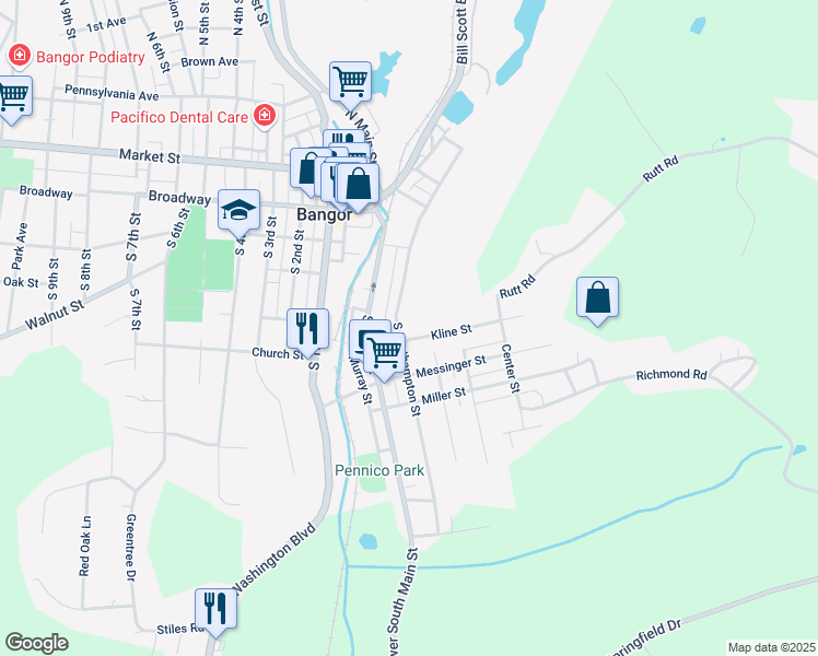 map of restaurants, bars, coffee shops, grocery stores, and more near 287 South Main Street in Bangor