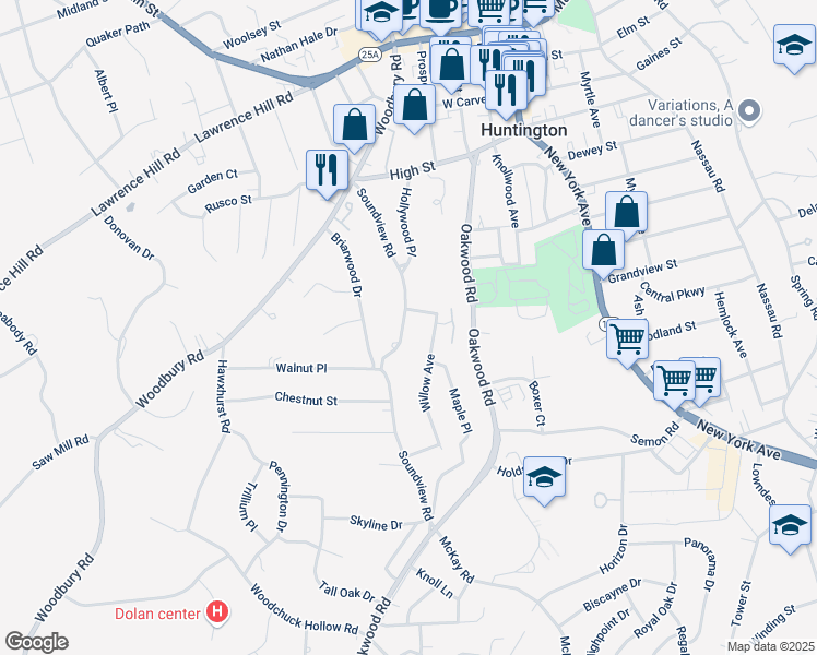 map of restaurants, bars, coffee shops, grocery stores, and more near 4 Willow Avenue in Huntington