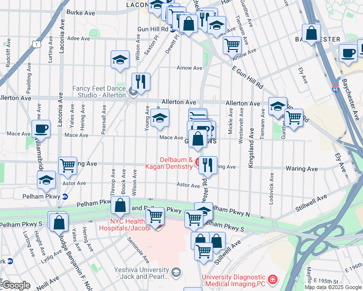 map of restaurants, bars, coffee shops, grocery stores, and more near 2500 Morgan Avenue in Bronx