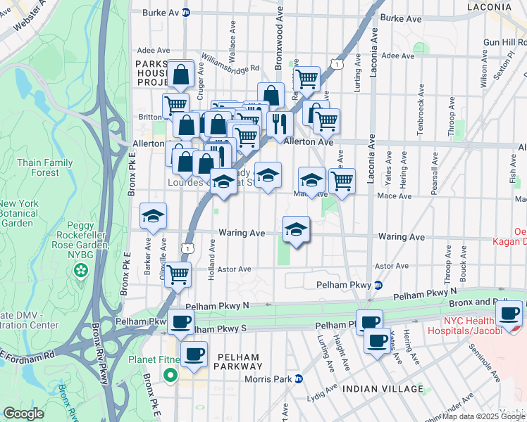 map of restaurants, bars, coffee shops, grocery stores, and more near 812 Mace Avenue in Bronx