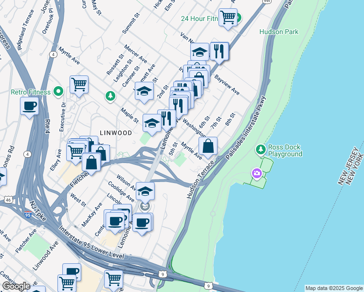 map of restaurants, bars, coffee shops, grocery stores, and more near 2439 5th Street in Fort Lee