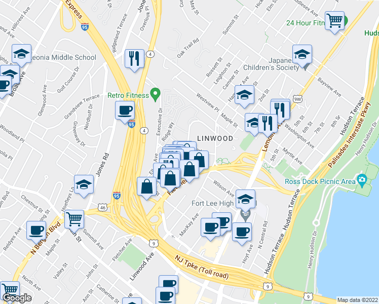 map of restaurants, bars, coffee shops, grocery stores, and more near 3050 Edwin Avenue in Fort Lee