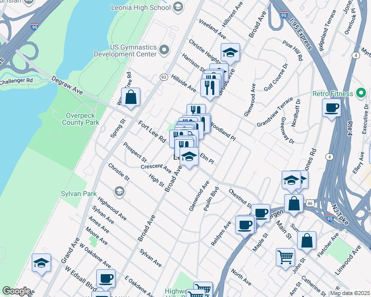 map of restaurants, bars, coffee shops, grocery stores, and more near 380 Broad Avenue in Leonia
