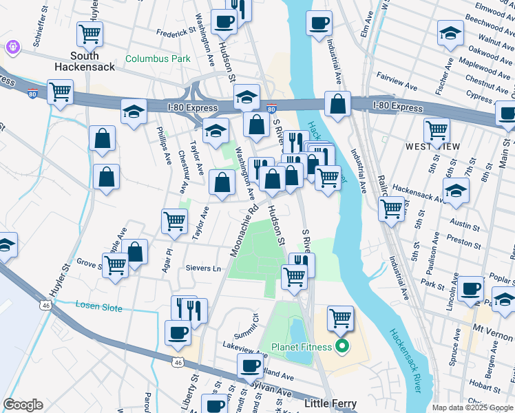 map of restaurants, bars, coffee shops, grocery stores, and more near 487 Hudson Street in Hackensack