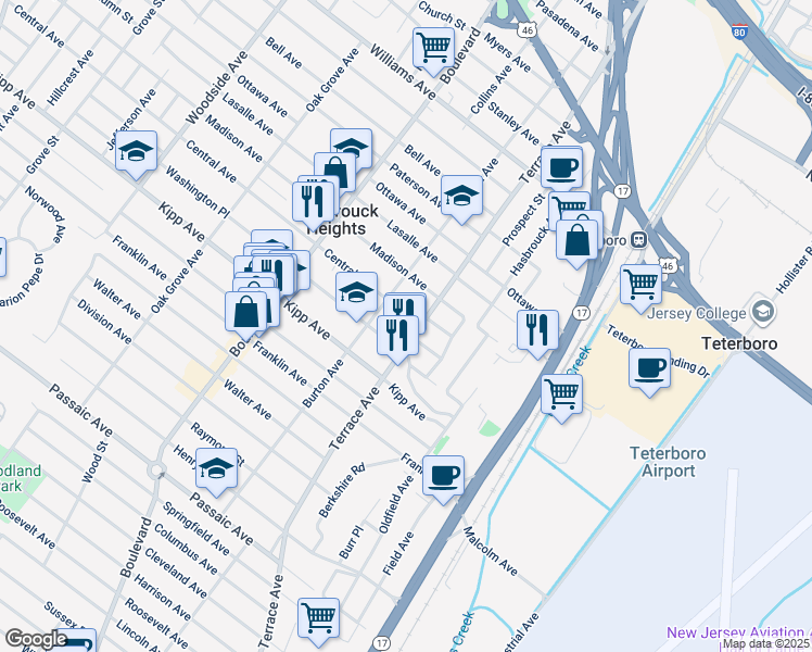 map of restaurants, bars, coffee shops, grocery stores, and more near 316 Madison Avenue in Hasbrouck Heights