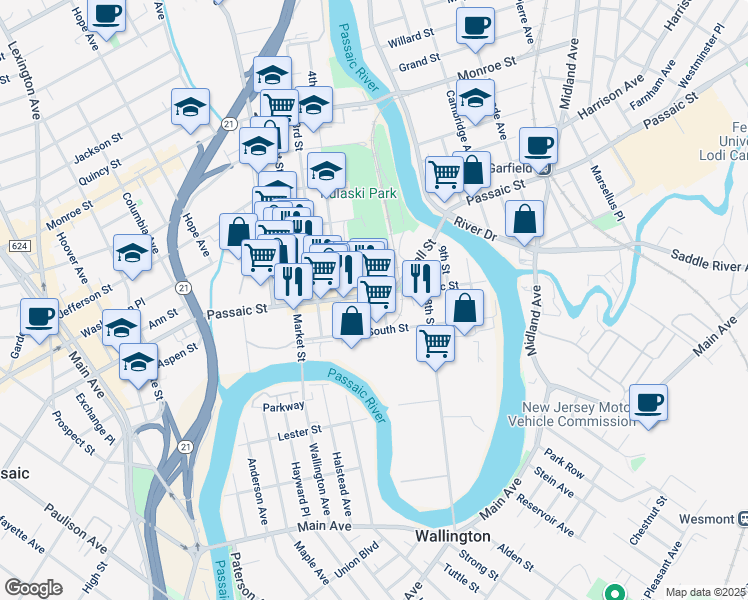 map of restaurants, bars, coffee shops, grocery stores, and more near 44 5th Street in Passaic