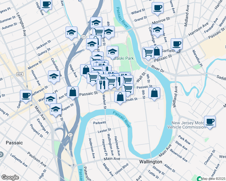 map of restaurants, bars, coffee shops, grocery stores, and more near 48 3rd Street in Passaic