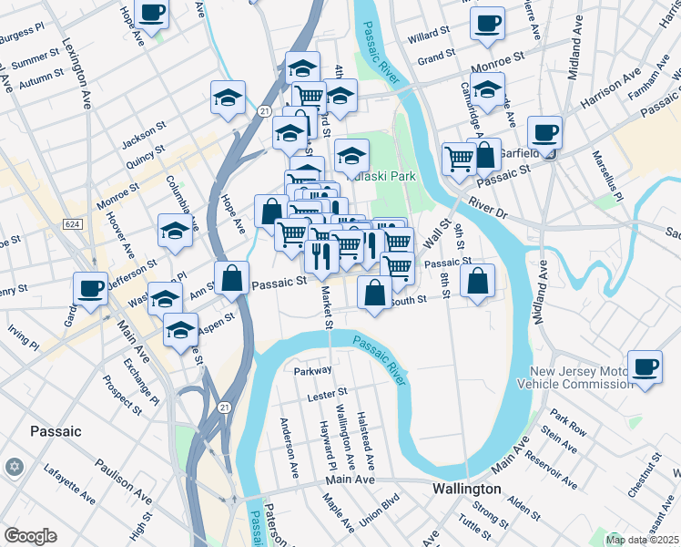 map of restaurants, bars, coffee shops, grocery stores, and more near 48 3rd Street in Passaic