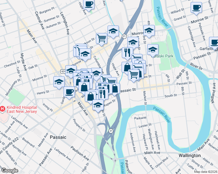 map of restaurants, bars, coffee shops, grocery stores, and more near 81 Washington Place in Passaic