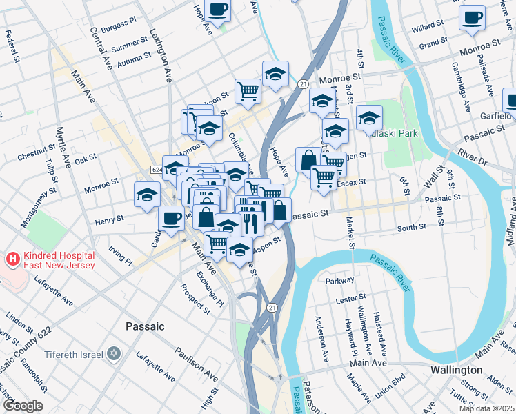 map of restaurants, bars, coffee shops, grocery stores, and more near 117 Jefferson Street in Passaic