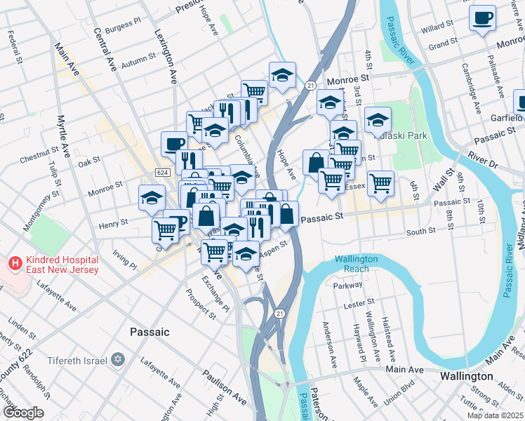 map of restaurants, bars, coffee shops, grocery stores, and more near 117 Jefferson Street in Passaic