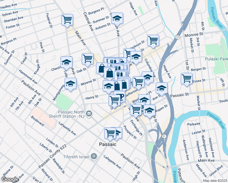 map of restaurants, bars, coffee shops, grocery stores, and more near 739 Main Avenue in Passaic
