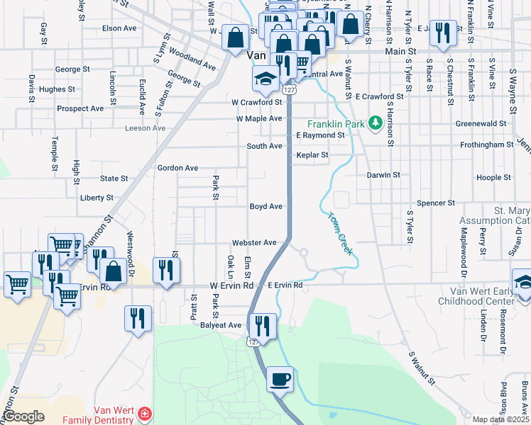 map of restaurants, bars, coffee shops, grocery stores, and more near 812 Elm Street in Van Wert