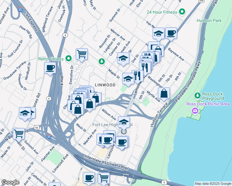 map of restaurants, bars, coffee shops, grocery stores, and more near 2348 Linwood Avenue in Fort Lee