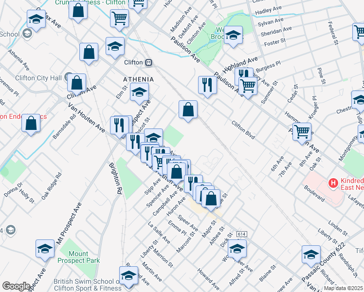 map of restaurants, bars, coffee shops, grocery stores, and more near 45 Monhegan Street in Clifton
