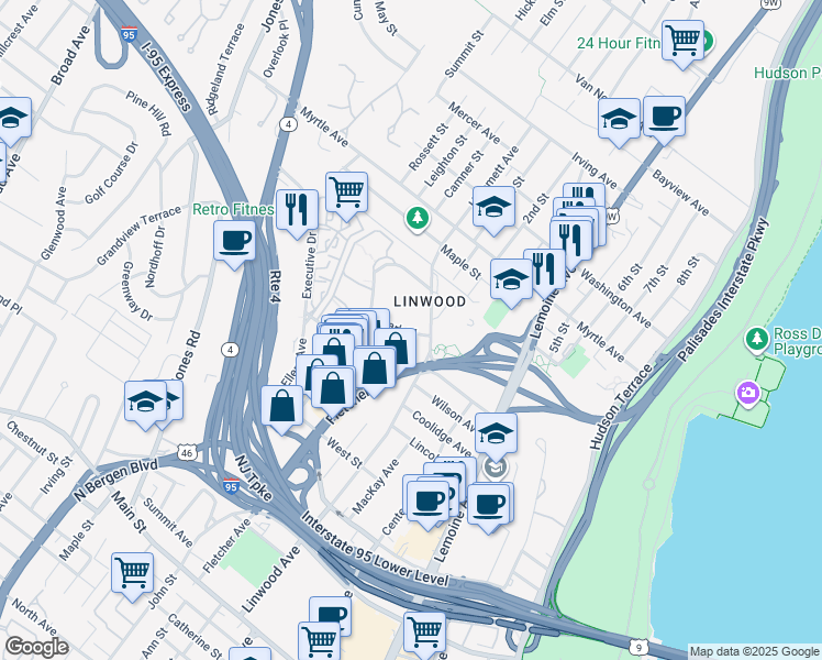 map of restaurants, bars, coffee shops, grocery stores, and more near 401 Park Place in Fort Lee