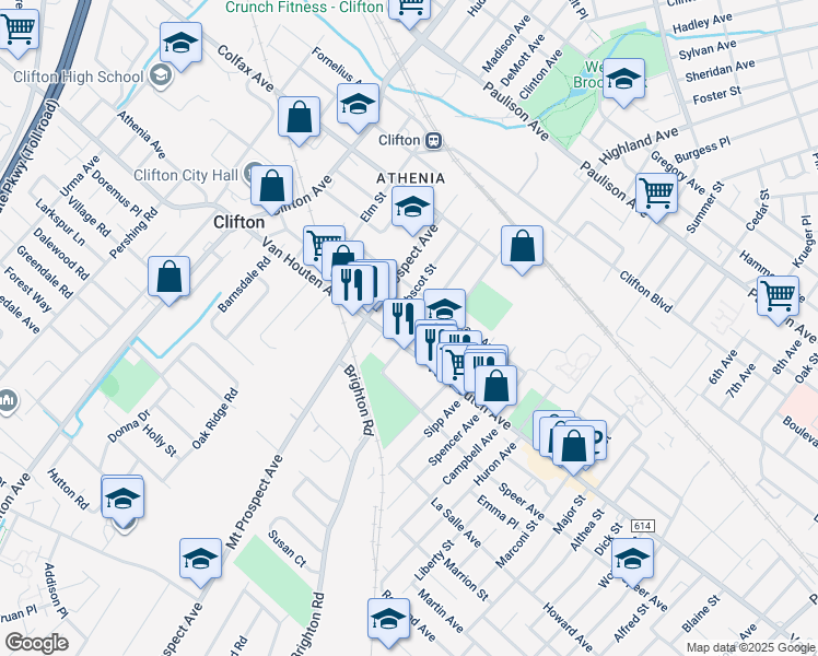 map of restaurants, bars, coffee shops, grocery stores, and more near 120 Orono Street in Clifton