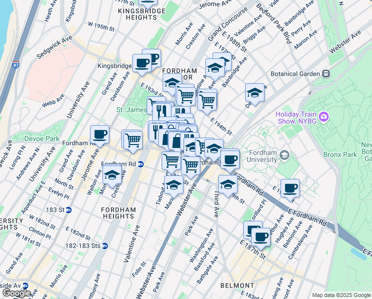 map of restaurants, bars, coffee shops, grocery stores, and more near 321 East Fordham Road in The Bronx