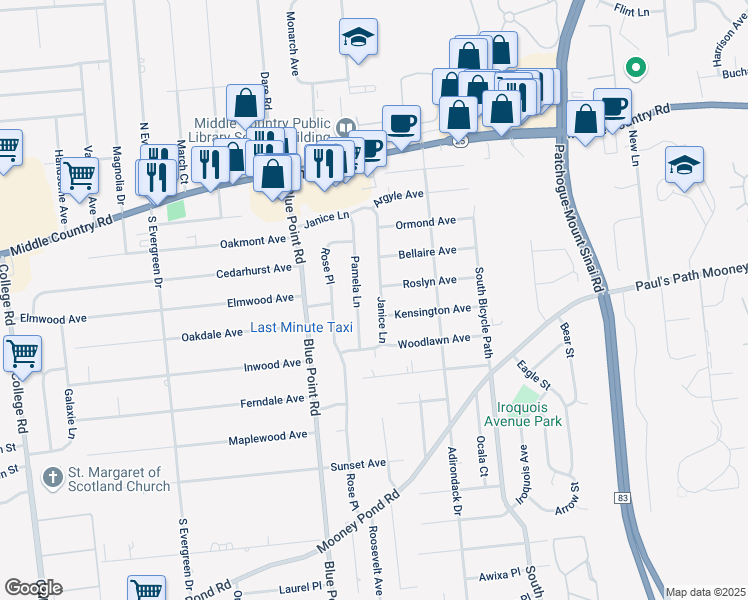map of restaurants, bars, coffee shops, grocery stores, and more near 23 Pamela Lane in Selden