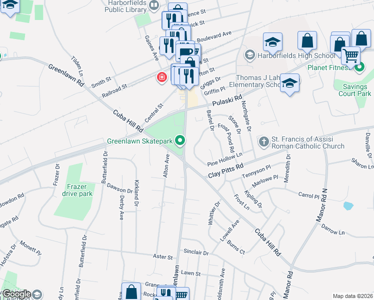 map of restaurants, bars, coffee shops, grocery stores, and more near 132 Broadway in Greenlawn