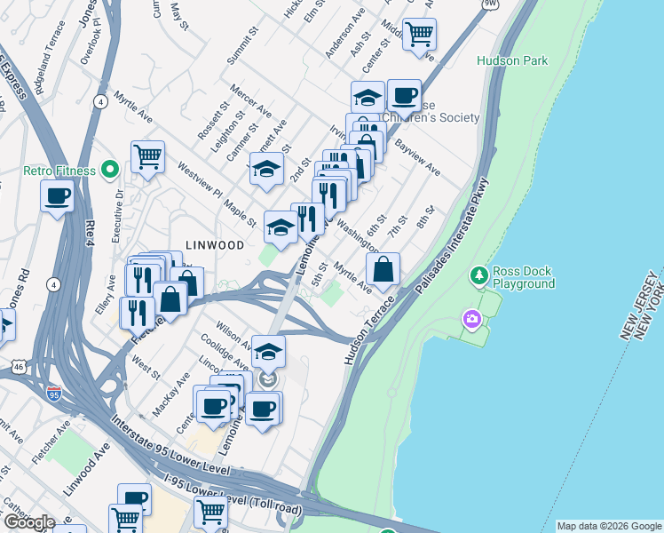 map of restaurants, bars, coffee shops, grocery stores, and more near 2439 5th Street in Fort Lee