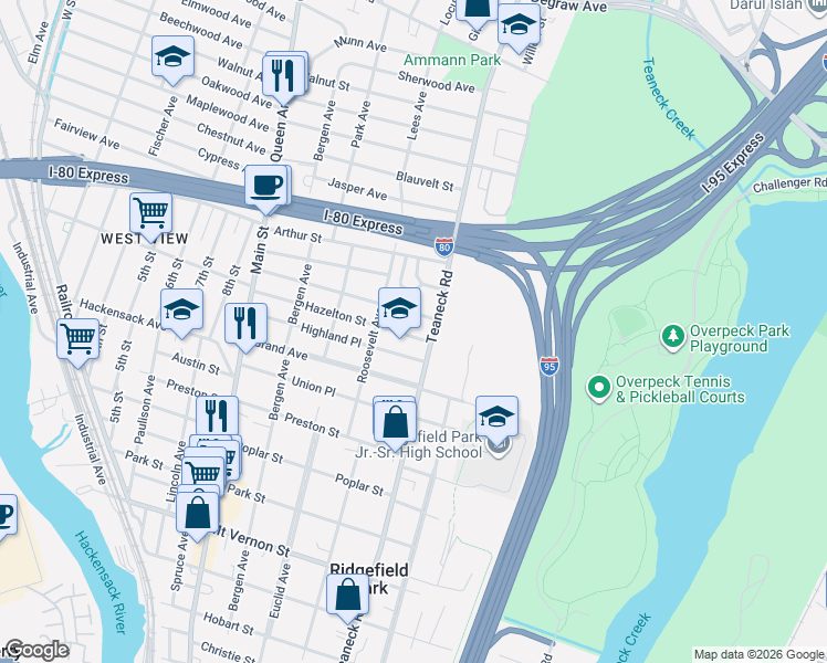 map of restaurants, bars, coffee shops, grocery stores, and more near 126 Gordon Street in Ridgefield Park