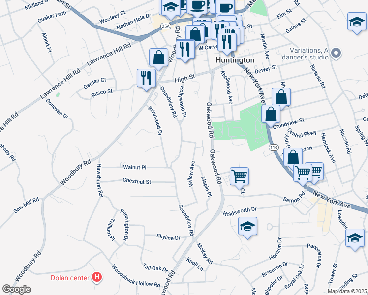 map of restaurants, bars, coffee shops, grocery stores, and more near 128 Soundview Road in Huntington