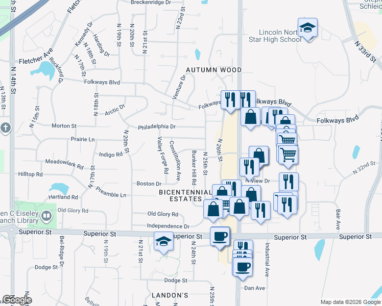map of restaurants, bars, coffee shops, grocery stores, and more near 2421 Liberty Bell Lane in Lincoln