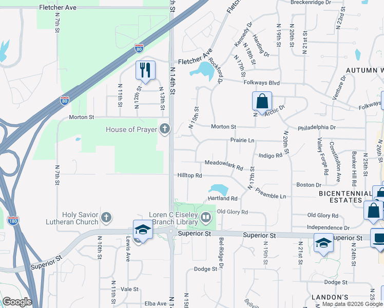 map of restaurants, bars, coffee shops, grocery stores, and more near 5201 North 15th Street in Lincoln